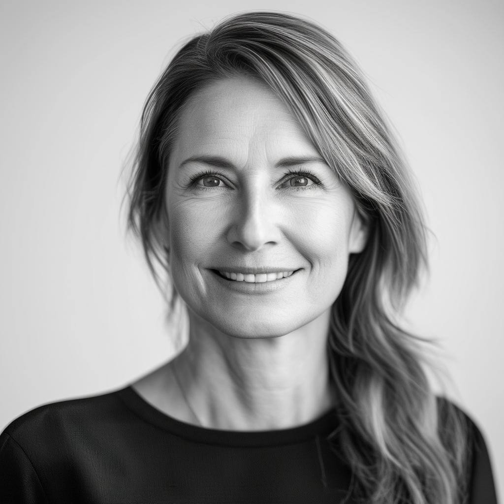 black and white headshot of professional business woman for testimonial module middle aged