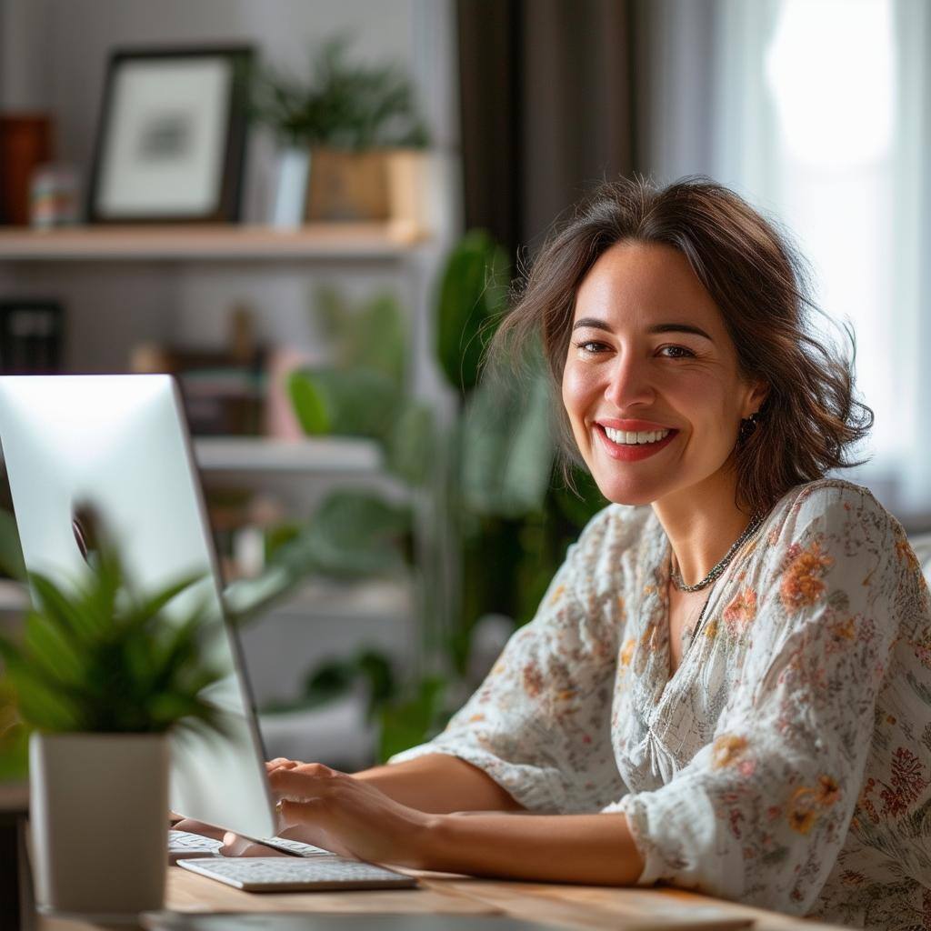 bohemian professional woman sitting at computer not smiling in modern room portrait size