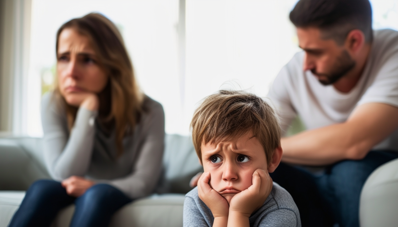 A child sitting between two parents, looking distr